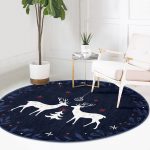 Realhomes Lacivert Motifli Geyik Tasarımlı Mutfak Yıkanabilir Kaymaz Tabanlı Yuvarlak Kadife Halı Realhomes