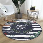 Lacivert Çizgili Happy New Year Motifli Dijital Baskılı Modern Outdoor Yıkanabilir Kaymaz Tabanlı Yuvarlak Halı Realhomes