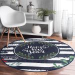 Lacivert Çizgili Happy New Year Motifli Dijital Baskılı Modern Outdoor Yıkanabilir Kaymaz Tabanlı Yuvarlak Halı Realhomes