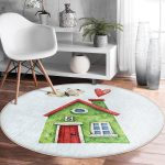 Minyatür Yeşil Ev Çizimli Dijital Baskılı Modern Çocuk ve Genç Odası Yıkanabilir Kaymaz Tabanlı Yuvarlak Halı Realhomes