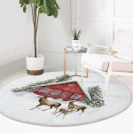 - RealHomes Dijital Baskılı Kaymaz Tabanlı Comfort Yuvarlak Halı - Realhomes  Kış Temalı Geyik ve Bağ Evi Motifli Dijital Baskılı Modern Bordo Salon Oturma Odası Yıkanabilir Kaymaz Tabanlı Yuvarlak Halı Realhomes