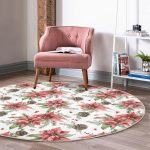 - RealHomes Dijital Baskılı Kaymaz Tabanlı Comfort Yuvarlak Halı - Realhomes  Kırmızı Gül ve Kozalak Tasarımlı Dijital Baskılı Modern Bordo Outdoor Yıkanabilir Kaymaz Tabanlı Yuvarlak Halı Realhomes