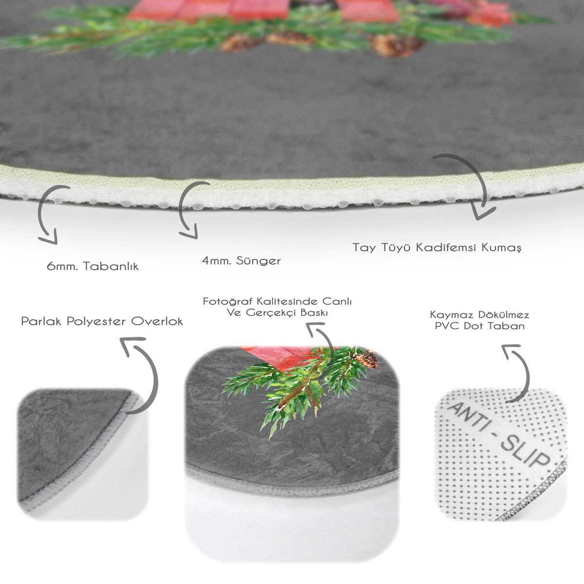 Gri Zemin Çam Yapraklı Mum Tasarımlı Dijital Baskılı Bordo Balkon Yıkanabilir Kaymaz Tabanlı Yuvarlak Halı Realhomes