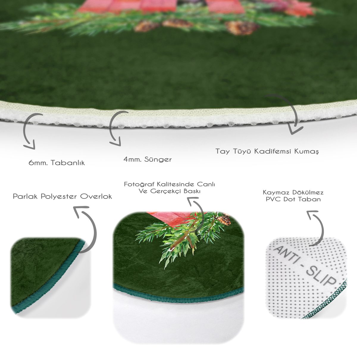 Yeşil Zemin Çam Yapraklı Mum Tasarımlı Dijital Baskılı Modern Balkon Yıkanabilir Kaymaz Tabanlı Yuvarlak Halı Realhomes