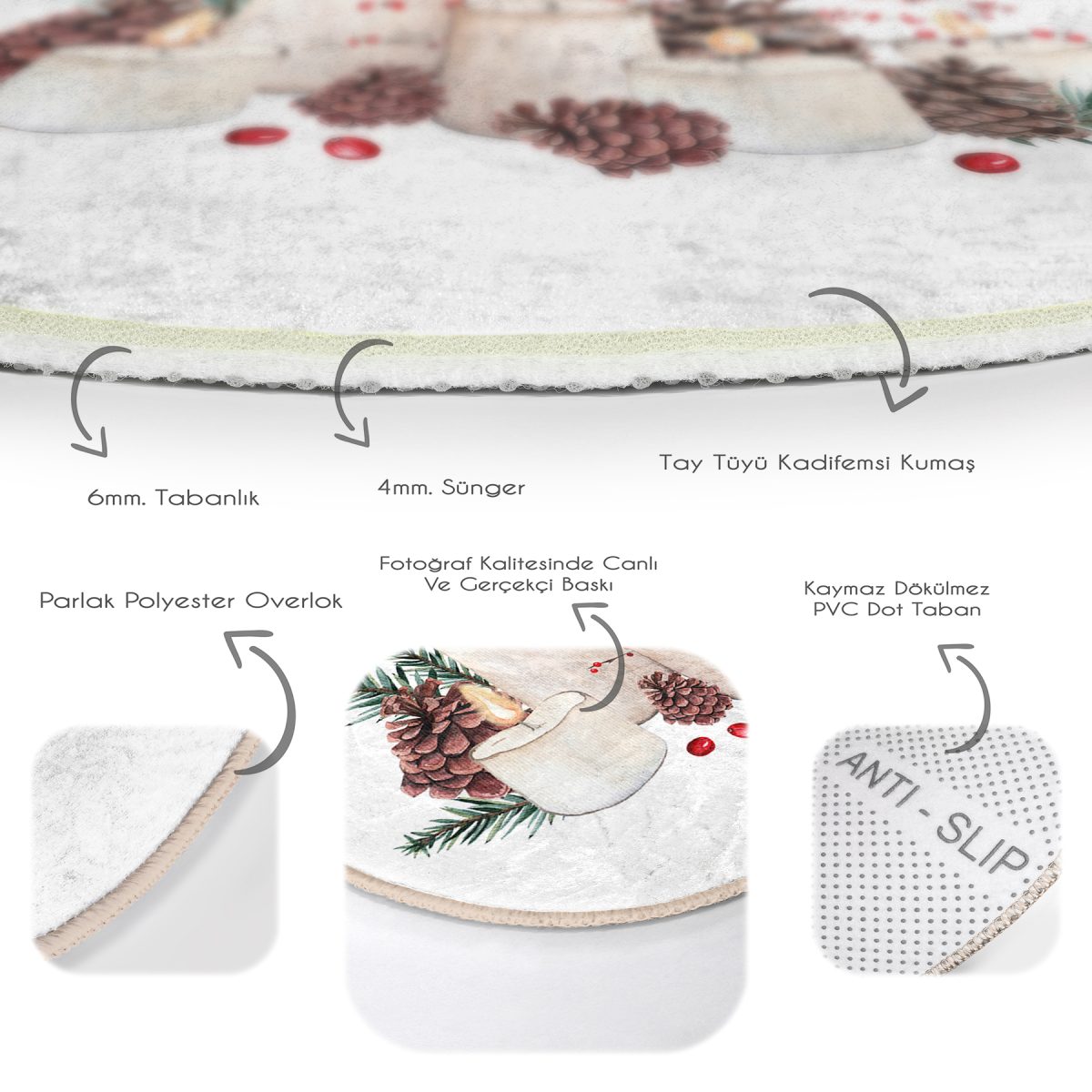 Mum ve Kozalak Tasarımlı Christmas Temalı Dijital Baskılı Renkli Mutfak Yıkanabilir Kaymaz Tabanlı Yuvarlak Halı Realhomes