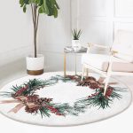 Beyaz Zeminde Ekose Desenli Çan Dijital Baskılı Modern Bordo Koridor ve Antre Yıkanabilir Kaymaz Tabanlı Yuvarlak Halı Realhomes