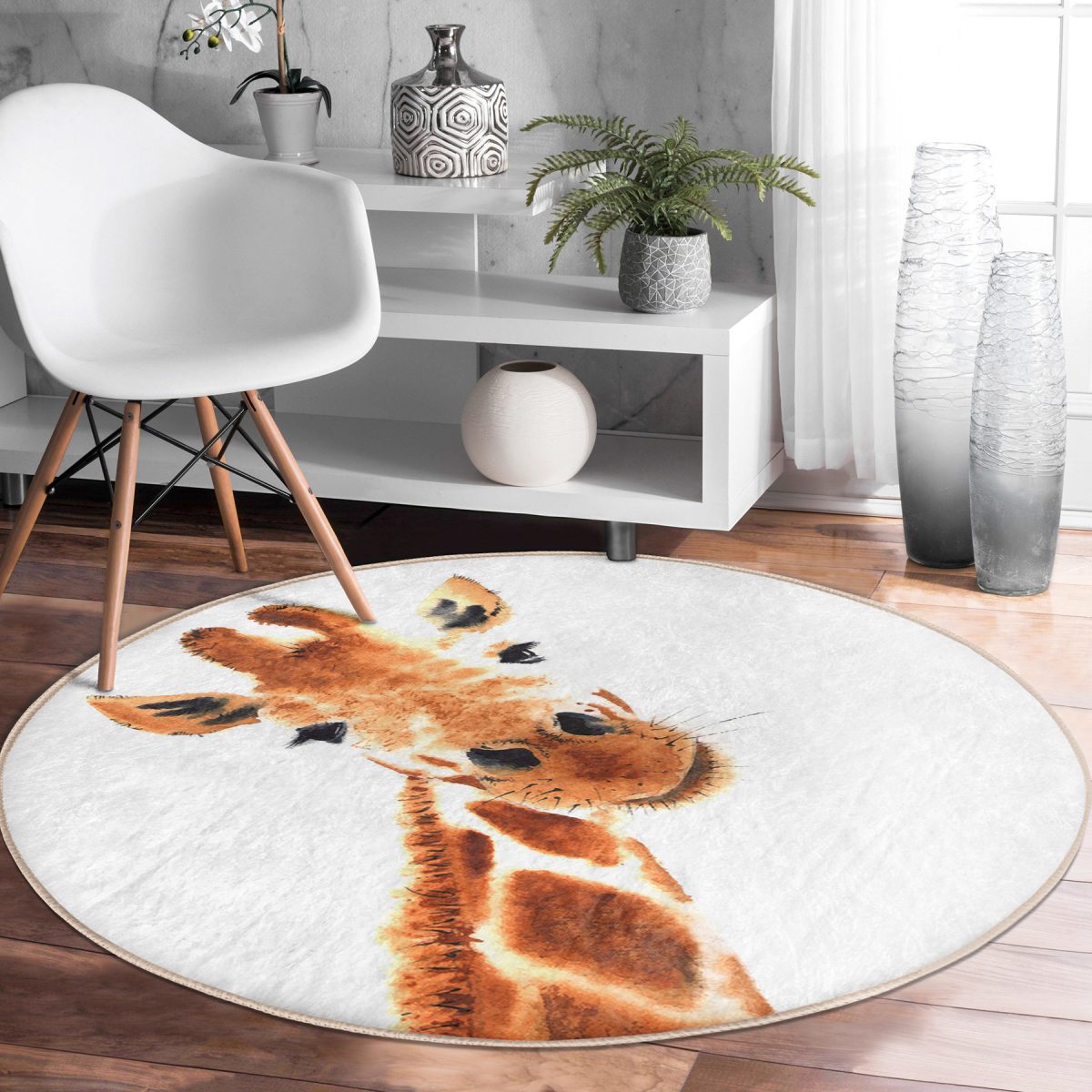 Beyaz Zemin Zürafa Desenli Dijital Baskılı Modern Turuncu Outdoor Yıkanabilir Kaymaz Tabanlı Yuvarlak Halı Realhomes
