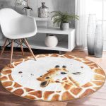 Beyaz Zemin Zürafa Desenli Dijital Baskılı Modern Turuncu Outdoor Yıkanabilir Kaymaz Tabanlı Yuvarlak Halı Realhomes