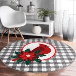 - RealHomes Dijital Baskılı Kaymaz Tabanlı Comfort Yuvarlak Halı - Realhomes  Gri Ekose Zemin ve Kırmızı Kuş Tasarımlı Dijital Baskılı Modern Renkli Mutfak Yıkanabilir Kaymaz Tabanlı Yuvarlak Halı Realhomes