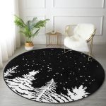 Siyah Zemin Beyaz Çam Ağacı Desenli Dijital Baskılı Salon ve Oturma Odası Yıkanabilir Kaymaz Tabanlı Yuvarlak Halı Realhomes