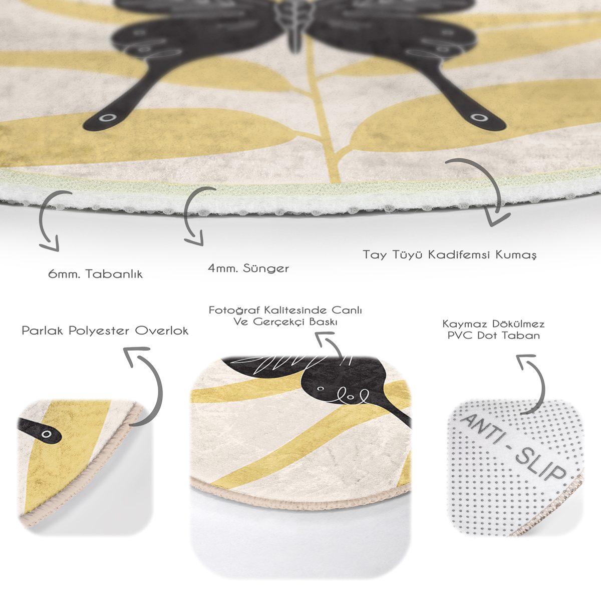 Kelebek Silüetli Özel Tasarım Dijital Baskılı Renkli Salon ve Oturma Odası Yıkanabilir Kaymaz Tabanlı Yuvarlak Halı Realhomes