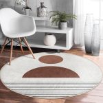 Soyut Tarzda Onedraw Çizimli Dijital Baskılı Kahverengi Salon ve Oturma Odası Yıkanabilir Kaymaz Tabanlı Yuvarlak Halı Realhomes