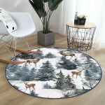 - RealHomes Dijital Baskılı Kaymaz Tabanlı Comfort Yuvarlak Halı - Realhomes Suluboya Çam Ağacı ve Geyik Tasarımlı Dijital Baskılı Modern Lacivert Salon Oturma Odası Yıkanabilir Kaymaz Tabanlı Yuvarlak Halı Realhomes