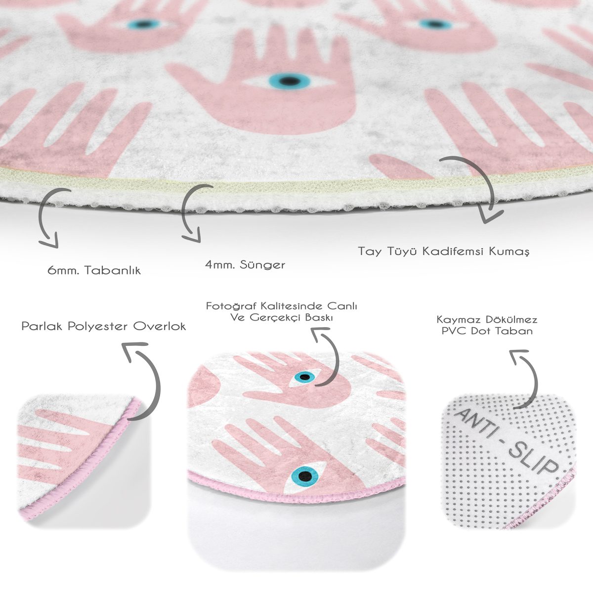 Mistik El İçinde Göz Motifli Dijital Baskılı Modern Pembe Koridor ve Antre Yıkanabilir Kaymaz Tabanlı Yuvarlak Halı Realhomes
