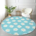 Mavi Zemin Papatya Çizimli Dijital Baskılı Modern Turkuaz Çocuk ve Genç Odası Yıkanabilir Kaymaz Tabanlı Yuvarlak Halı Realhomes