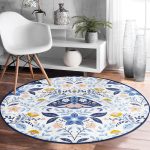 Çiçekli Özel Tasarım Dijital Baskılı Lacivert Salon ve Oturma Odası Yıkanabilir Kaymaz Tabanlı Yuvarlak Halı Realhomes