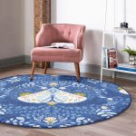 Mavi Zemin Kelebek ve Çiçekli Özel Tasarım Dijital Baskılı Modern Lacivert Salon Oturma Odası Kaymaz Tabanlı Yuvarlak Halı Realhomes