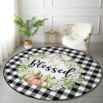 - RealHomes Dijital Baskılı Kaymaz Tabanlı Comfort Yuvarlak Halı - Realhomes Siyah Beyaz Ekose Motifli Kabak Temalı Modern Renkli Salon ve Oturma Odası Yıkanabilir Kaymaz Tabanlı Yuvarlak Halı Realhomes
