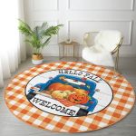 - RealHomes Dijital Baskılı Kaymaz Tabanlı Comfort Yuvarlak Halı - Realhomes  Realhomes Turuncu Ekose Wolcome Temalı Outdoor Yıkanabilir Kaymaz Tabanlı Yuvarlak Kadife Halı Realhomes