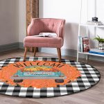 Siyah Beyaz Ekose Tasarımlı Sonbahar Welcome Temalı Turuncu Outdoor Yıkanabilir Kaymaz Tabanlı Yuvarlak Halı Realhomes