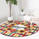 - RealHomes Dijital Baskılı Kaymaz Tabanlı Comfort Yuvarlak Halı - Realhomes  Realhomes Renkli Ekose Motifli Gül Ayçiçeği Tasarımlı Turuncu Banyo Yıkanabilir Kaymaz Tabanlı Yuvarlak Halı Realhomes