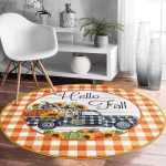 - RealHomes Dijital Baskılı Kaymaz Tabanlı Comfort Yuvarlak Halı - Realhomes  Turuncu Ekose Motifli Kabak Tasarımlı Modern Outdoor Yıkanabilir Kaymaz Tabanlı Yuvarlak Halı Realhomes