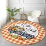 - RealHomes Dijital Baskılı Kaymaz Tabanlı Comfort Yuvarlak Halı - Realhomes  Turuncu Ekose Motifli Kabak Tasarımlı Modern Outdoor Yıkanabilir Kaymaz Tabanlı Yuvarlak Halı Realhomes