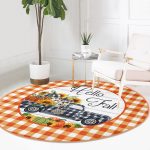 - RealHomes Dijital Baskılı Kaymaz Tabanlı Comfort Yuvarlak Halı - Realhomes  Turuncu Ekose Motifli Kabak Tasarımlı Modern Outdoor Yıkanabilir Kaymaz Tabanlı Yuvarlak Halı Realhomes