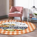 - RealHomes Dijital Baskılı Kaymaz Tabanlı Comfort Yuvarlak Halı - Realhomes  Turuncu Ekose Motifli Kabak Tasarımlı Modern Outdoor Yıkanabilir Kaymaz Tabanlı Yuvarlak Halı Realhomes