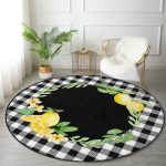 Realhomes Siyah Beyaz Ekose Limon Motifli Modern Banyo Yıkanabilir Kaymaz Tabanlı Yuvarlak Halı Realhomes