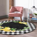 Realhomes Siyah Beyaz Ekose Limon Motifli Modern Banyo Yıkanabilir Kaymaz Tabanlı Yuvarlak Halı Realhomes