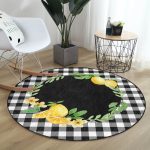 Realhomes Siyah Beyaz Ekose Limon Motifli Modern Banyo Yıkanabilir Kaymaz Tabanlı Yuvarlak Halı Realhomes