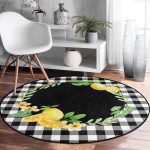 Realhomes Siyah Beyaz Ekose Limon Motifli Modern Banyo Yıkanabilir Kaymaz Tabanlı Yuvarlak Halı Realhomes