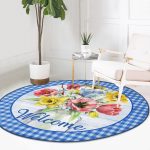 - RealHomes Dijital Baskılı Kaymaz Tabanlı Comfort Yuvarlak Halı - Realhomes Mavi Ekose Motifli Renkli Güller Özel Tasarım Lacivert Banyo Yıkanabilir Kaymaz Tabanlı Yuvarlak Halı Realhomes