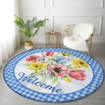 - RealHomes Dijital Baskılı Kaymaz Tabanlı Comfort Yuvarlak Halı - Realhomes Mavi Ekose Motifli Renkli Güller Özel Tasarım Lacivert Banyo Yıkanabilir Kaymaz Tabanlı Yuvarlak Halı Realhomes