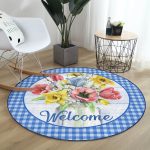 - RealHomes Dijital Baskılı Kaymaz Tabanlı Comfort Yuvarlak Halı - Realhomes Mavi Ekose Motifli Renkli Güller Özel Tasarım Lacivert Banyo Yıkanabilir Kaymaz Tabanlı Yuvarlak Halı Realhomes