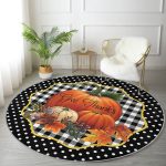 - RealHomes Dijital Baskılı Kaymaz Tabanlı Comfort Yuvarlak Halı - Realhomes  Siyah Puantiyeli Kabak Tasarımlı Dijital Baskılı Modern Turuncu Outdoor Yıkanabilir Kaymaz Tabanlı Yuvarlak Halı Realhomes