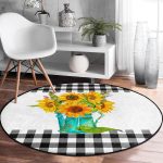 Ayçiçekleri Ekose Tasarımlı Dijital Baskılı Modern Gold Outdoor Yıkanabilir Kaymaz Tabanlı Yuvarlak Halı Realhomes