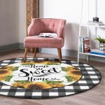 - RealHomes Dijital Baskılı Kaymaz Tabanlı Comfort Yuvarlak Halı - Realhomes Siyah Beyaz Ekose Home Sweet Temalı Modern Gold Outdoor Yıkanabilir Kaymaz Tabanlı Yuvarlak Halı Realhomes