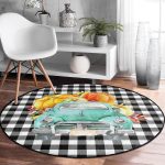 - RealHomes Dijital Baskılı Kaymaz Tabanlı Comfort Yuvarlak Halı - Realhomes  Siyah Beyaz Ekose Tasarımlı Kabaklı Araba Modern Renkli Outdoor Yıkanabilir Kaymaz Tabanlı Yuvarlak Halı Realhomes