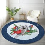 Yılbaşı Temalı Kuş Tasarımlı Dijital Baskılı Modern Lacivert Outdoor Yıkanabilir Kaymaz Tabanlı Yuvarlak Halı Realhomes