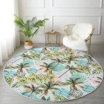 Realhomes Dijital Baskılı Palmiye Çizim Yeşil Outdoor Yıkanabilir Kaymaz Tabanlı Yuvarlak Kadife Halı Realhomes