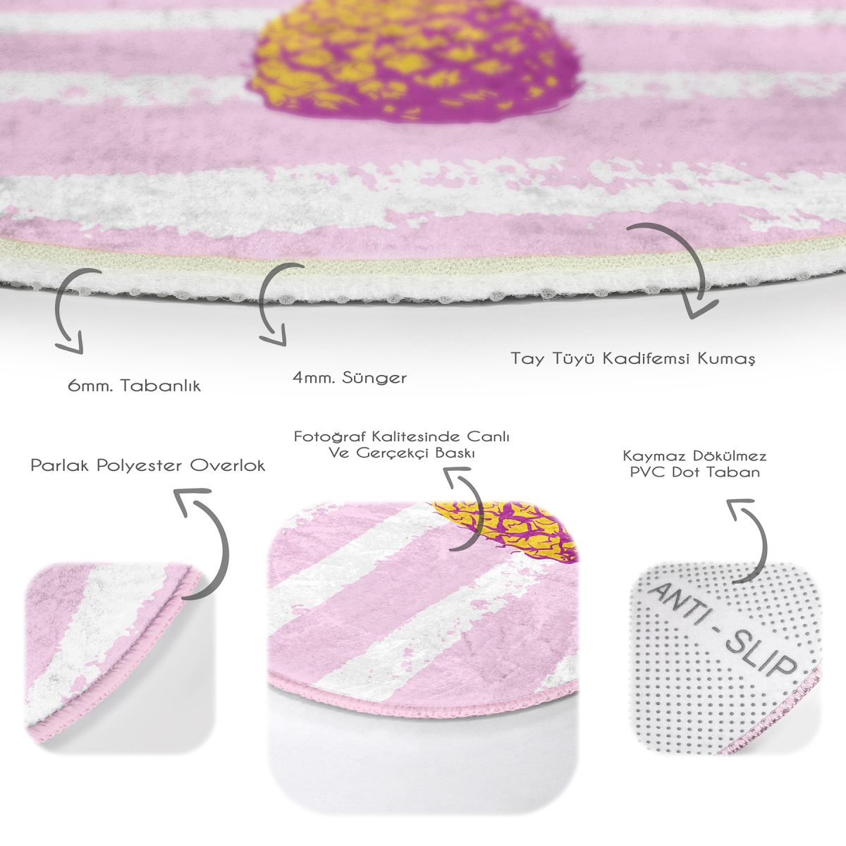 Realhomes Canlı Renkli Ananas Motifli Dijital Baskılı Pembe Mutfak Yıkanabilir Kaymaz Tabanlı Yuvarlak Halı Realhomes