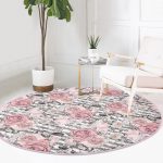 - RealHomes Dijital Baskılı Kaymaz Tabanlı Comfort Yuvarlak Halı - Realhomes  Gri Çizgi Desenli Kanaviçe Çiçek Motifli Pembe Salon ve Oturma Odası Yıkanabilir Kaymaz Tabanlı Yuvarlak Halı Realhomes