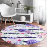 Realhomes Sümbül Desenli Yatay Çizgili Lacivert Yatak Odası Yıkanabilir Kaymaz Tabanlı Yuvarlak Halı Realhomes