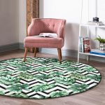 - RealHomes Dijital Baskılı Kaymaz Tabanlı Comfort Yuvarlak Halı - Realhomes  Zikzak Siyah Beyaz Şerit Temalı Yaprak Çizimi Yeşil Koridor ve Antre Yıkanabilir Kaymaz Tabanlı Yuvarlak Halı Realhomes