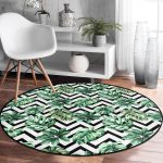 - RealHomes Dijital Baskılı Kaymaz Tabanlı Comfort Yuvarlak Halı - Realhomes  Zikzak Siyah Beyaz Şerit Temalı Yaprak Çizimi Yeşil Koridor ve Antre Yıkanabilir Kaymaz Tabanlı Yuvarlak Halı Realhomes