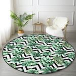 - RealHomes Dijital Baskılı Kaymaz Tabanlı Comfort Yuvarlak Halı - Realhomes  Zikzak Siyah Beyaz Şerit Temalı Yaprak Çizimi Yeşil Koridor ve Antre Yıkanabilir Kaymaz Tabanlı Yuvarlak Halı Realhomes