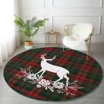 Ekose Zeminde Yılbaşı Geyik Temalı Dijital Baskılı Bordo Salon ve Oturma Odası Yıkanabilir Kaymaz Tabanlı Yuvarlak Halı Realhomes