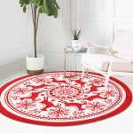 Geometrik Yılbaşı Geyikleri Dijital Baskılı Bordo Salon ve Oturma Odası Yıkanabilir Kaymaz Tabanlı Yuvarlak Halı Realhomes